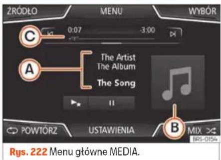 ZRÓDŁO MENU WYBÓR 0:07 -3:00 C A The Artist The Album The Song POWTÓRZ USTAWIENIA B MIX Rys. 222 Menu główne MEDIA.
