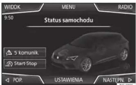 WIDOK MENU RADIO 9:50 Status samochodu 5 komunik. Start Stop POP. USTAWIENIA NASTEPN. 85-6805