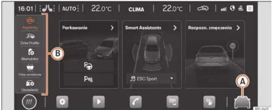 16:01 AUTO 22.0°C CLIMA 22.0°C Jagostaty Drive Profile Akumulator Ośka ambiente Ustawienic Parkowanie > Smart Assistants > Rozpozn. zmeczenia > PwA ESC Sport B A 85-1407