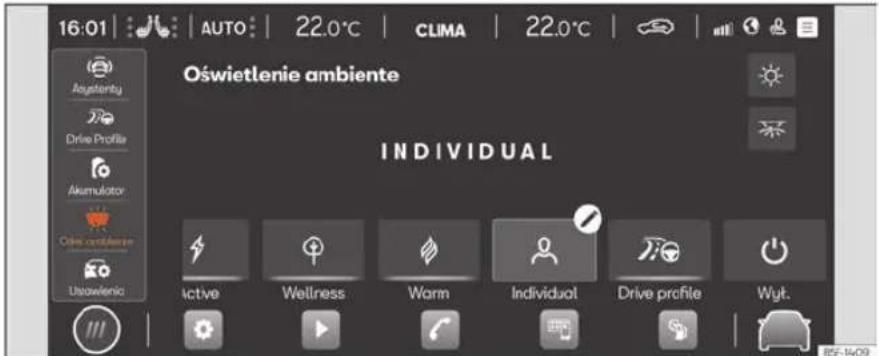 16:01 | AUTO | 22.0°C | CLIMA | 22.0°C | Oświetlenie ambiente INDIVIDUAL Aktieny Drive Profile Akumulator Chine condensation Ustawlenie active Wellness Warm Individual Drive profile Wyt. B5F-1409