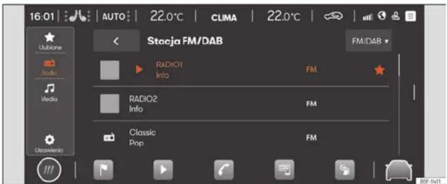 16:01 AUTO 22.0°C CLIMA 22.0°C Stacja FM/DAB FM/DAB Radio1 FM Info RADIO2 FM Info Classic FM Pop Unidwienic B5F-14/11