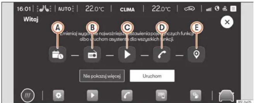 16:01 | AUTO | 22.0°C | CLIMA | 22.0°C | Witaj A Zmieniaj wycąsne najważniejsztąstawienia pojętyńczych funkcji albo uruchom asystentki dla wszystkich funkcji. B C D E Nie pokazuj więcej Uruchom