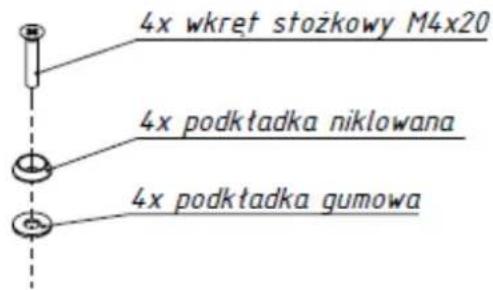 4x wkret stożkowy M4x20 4x podktadka niklowana 4x podktadka gumowa