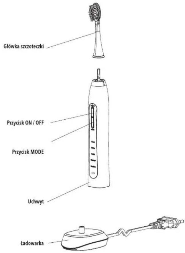 Główka szczoteczki Przycisk ON / OFF Przycisk MODE Uchwyt Ładowarka