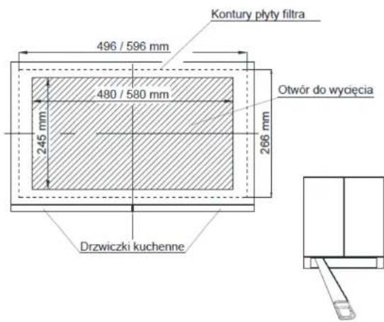 Kontury płyty filtra 496 / 596 mm 480 / 580 mm 245 mm 266 mm Otwór do wycięcia Drzwiczki kuchenne