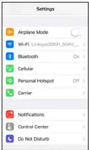 Settings Airplane Mode Wi-Fi Linksys00591_5GHz... Bluetooth On > Cellular > Personal Hotspot Off > Carrier > Notifications > Control Center > Do Not Disturb >