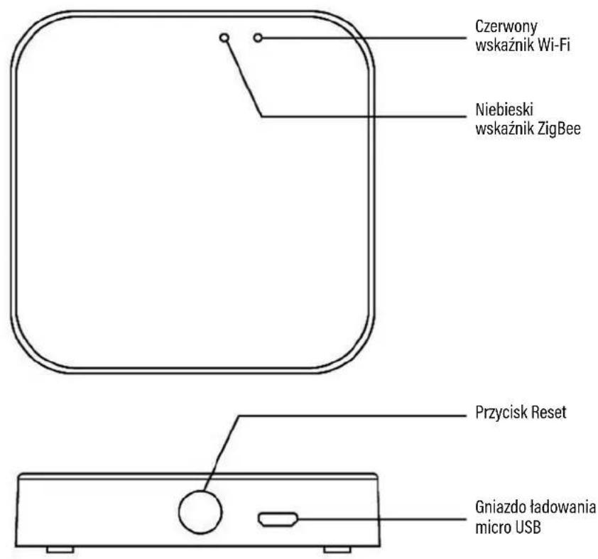 Czerwony wskaźnik Wi-Fi Niebieski wskaźnik ZigBee Przycisk Reset Gniazdo ładowania micro USB