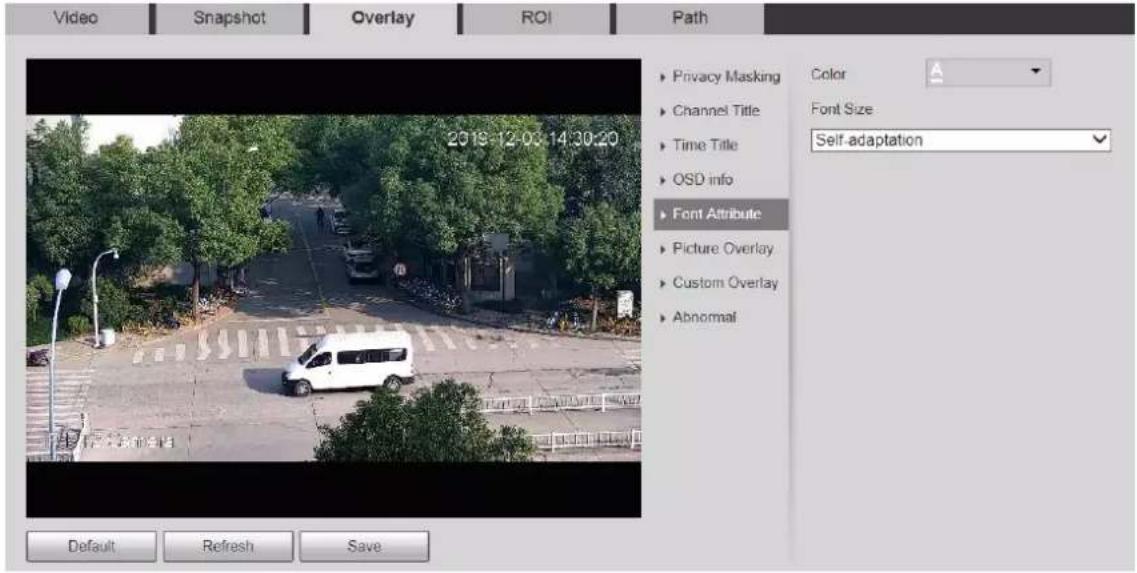 Video Snapshot Overlay ROI Path 2019-12-03 14:30:20 Privacy Masking Channel Title Time Title OSD info Font Attribute Picture Overlay Custom Overlay Abnormal Color Font Size Self-adaptation Default Refresh Save