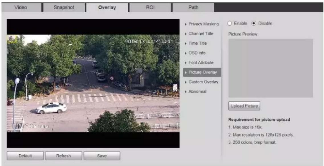 Video Snapshot Overlay ROI Path 2018.12.03 14:30:41 Privacy Masking Channel Title Time Title OSD info Font Attribute Picture Overlay Custom Overlay Abnormal Enable Disable Picture Preview: Upload Picture Requirement for picture upload 1. Max size is 16k. 2. Max resolution is 128x128 pixels. 3. 256 colors, bmp format. Default Refresh Save