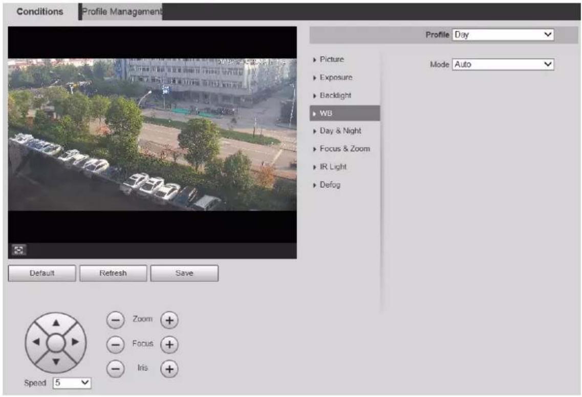 Conditions Profile Management Profile Day ► Picture ► Exposure ► Backlight ► WB ► Day & Night ► Focus & Zoom ► IR Light ► Defog Mode Auto Default Refresh Save Speed 5 Zoom + Focus + Iris +