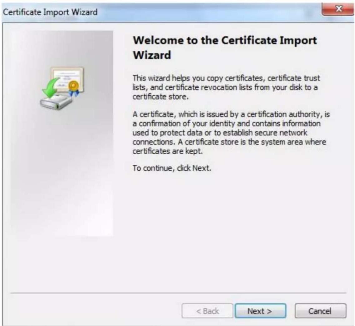 Certificate Import Wizard Welcome to the Certificate Import Wizard This wizard helps you copy certificates, certificate trust lists, and certificate revocation lists from your disk to a certificate store. A certificate, which is issued by a certification authority, is a confirmation of your identity and contains information used to protect data or to establish secure network connections. A certificate store is the system area where certificates are kept. To continue, click Next.