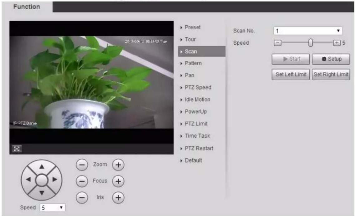Function 20.7-0% 10.1/72 Tue Preset Tour Scan Pattern Pan PTZ Speed Idle Motion PowerUp PTZ Limit Time Task PTZ Restart Default Scan No. 1 Speed - + 5 Start Setup Set Left Limit Set Right Limit Zoom Focus Iris Speed 5