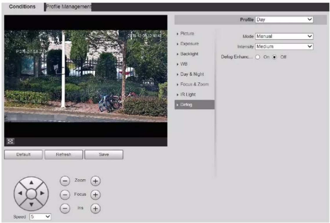 Conditions Profile Management Profile Day ► Picture ► Exposure ► Backlight ► WB ► Day & Night ► Focus & Zoom ► IR Light ► Defog Mode Manual Intensity Medium Defog Enhanc... ○ On ● Off Default Refresh Save Speed 5 Zoom + Focus + Ins +