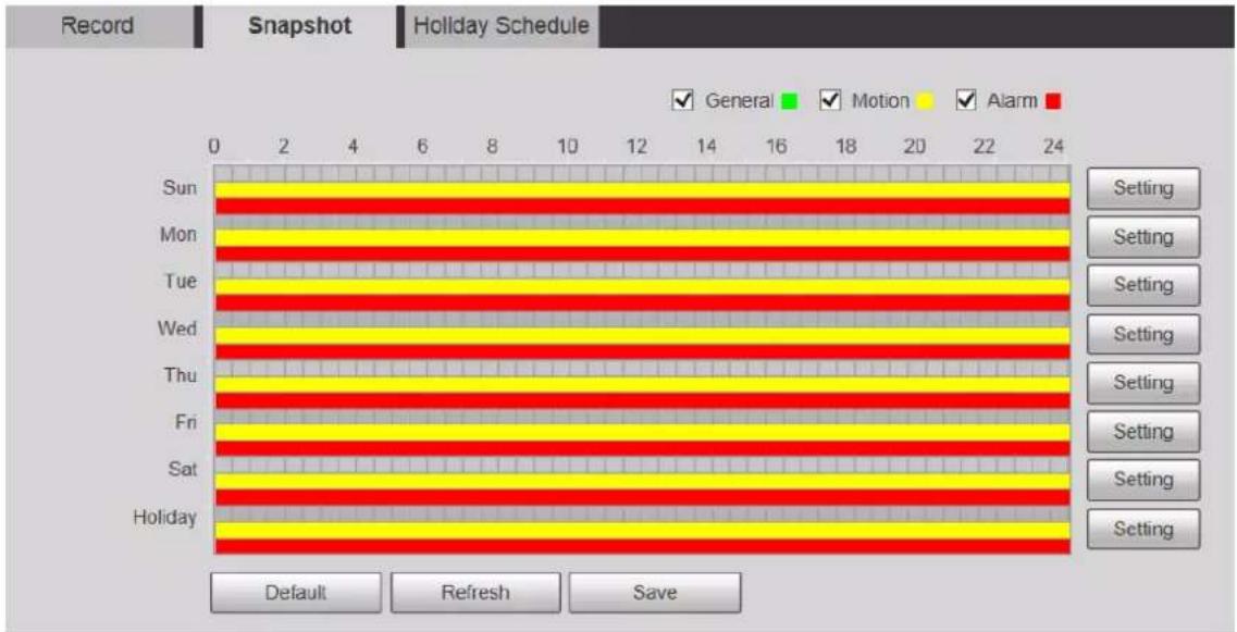 Record Snapshot Holiday Schedule ✓ General ✓ Motion ✓ Alarm 0 2 4 6 8 10 12 14 16 18 20 22 24 Sun Mon Tue Wed Thu Fri Sat Holiday Setting Setting Setting Setting Setting Setting Setting Setting Default Refresh Save