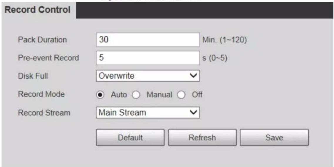 Record Control Pack Duration 30 Min. (1~120) Pre-event Record 5 s (0~5) Disk Full Overwrite Record Mode ● Auto ○ Manual ○ Off Record Stream Main Stream Default Refresh Save