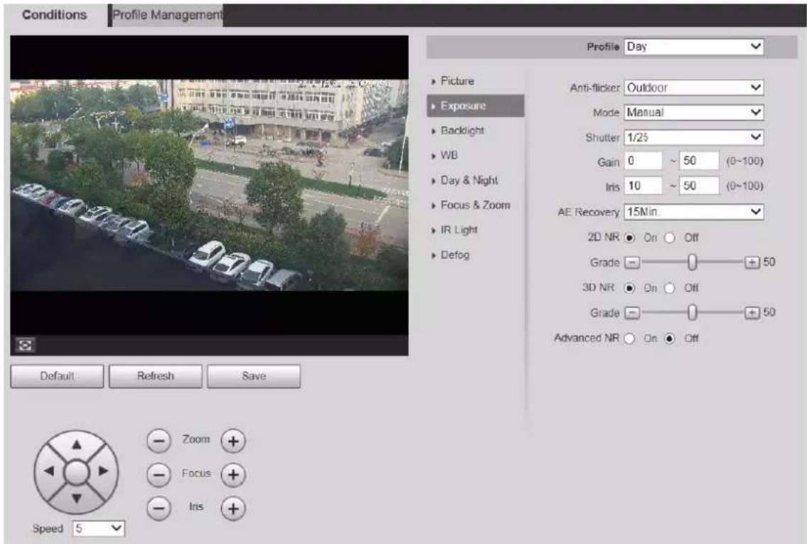 Conditions Profile Management Profile Day Anti-flicker Outdoor Mode Manual Shutter 1/25 Gain 0 ~ 50 (0~100) Iris 10 ~ 50 (0~100) AE Recovery 15Min. 2D NR On Off Grade - + 50 3D NR On Off Grade - + 50 Advanced NR On Off Default Refresh Save Zoom + Focus + Iris + Speed 5