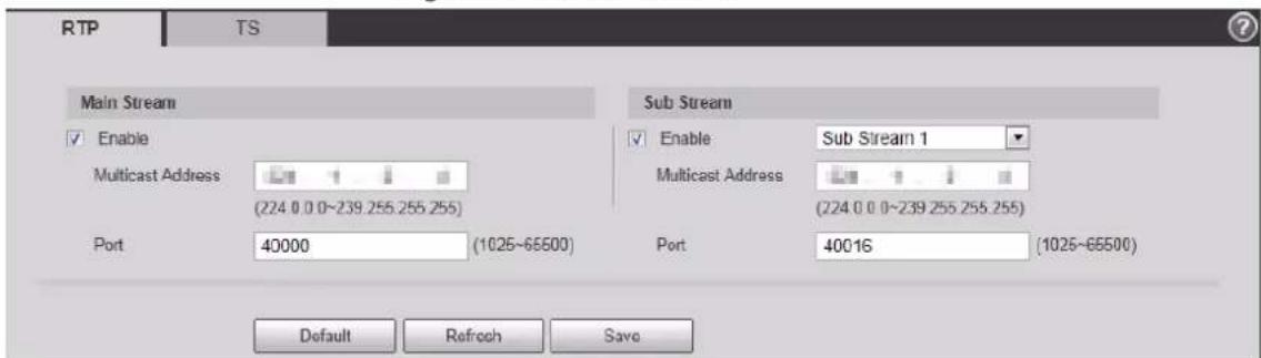 RTP TS Main Stream Enable Multicast Address (224 0 0 0~239.255.255.255) Port 40000 (1025~65500) Sub Stream Enable Sub Stream 1 Multicast Address (224 0 0 0~239.255.255.255) Port 40016 (1025~65500) Default Refresh Save