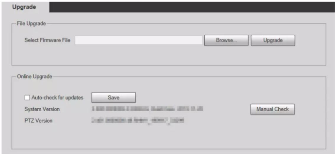 Upgrade File Upgrade Select Firmware File Browse... Upgrade Online Upgrade Auto-check for updates Save System Version Manual Check PTZ Version