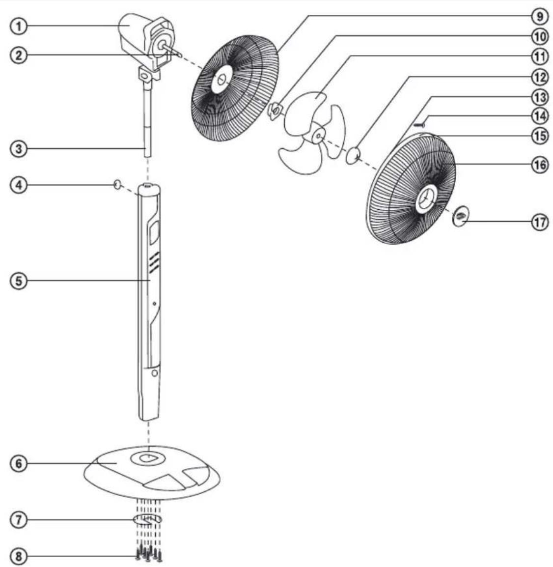 Exploded diagram of a fan assembly with numbered parts for identification