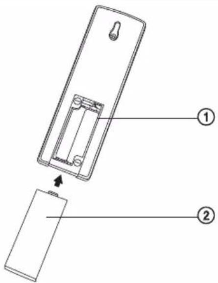 Diagram of a device showing two labeled parts: one with internal components and the other with battery casing.