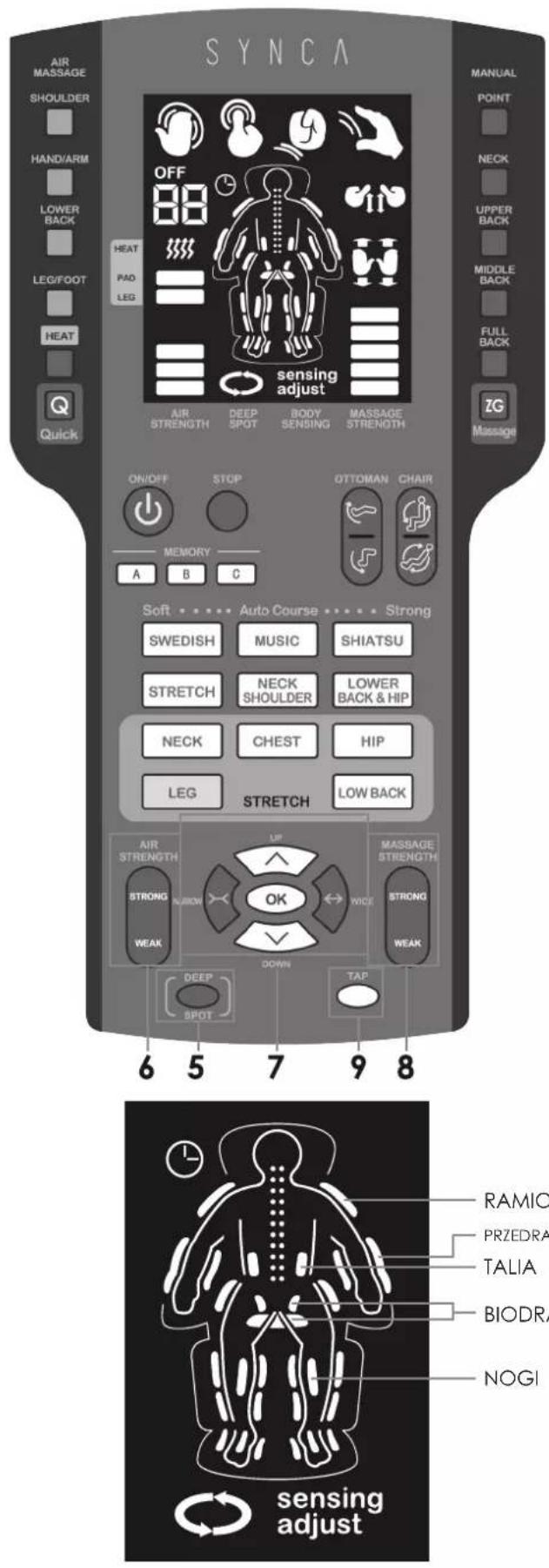 SYNC A AIR MASSAGE SHOULDER HAND/ARM LOWER BACK LEG/FOOT HEAT Quick OFF 88 HEAT PAD LEG sensing adjust AIR STRENGTH DEEP SPOT BODY SENSING MASSAGE STRENGTH ON/OFF STOP ATTOMAN CHAIR MEMORY A B C Soft Auto Course Strong SWEDISH MUSIC SHIATSU STRETCH NECK SHOULDER LOWER BACK & HIP NECK CHEST HIP LEG STRETCH LOW BACK AIR STRENGTH LIP MAGGAGE STRENGTH STRONG WIDE STRONG WEAK DOWN TAP 6 5 7 9 8 SPOT RAMIO PRZEDRA TALIA BIODRA NOGI sensing adjust