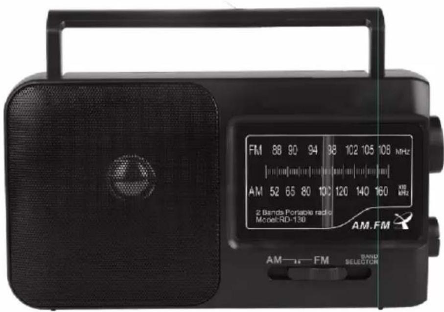 FM 88 90 94 98 102 105 108 MHz AM 52 65 80 100 120 140 160 XBB MHz 2 Bands Portable radio Model RD-130 AM-FM BAND SELECTOR