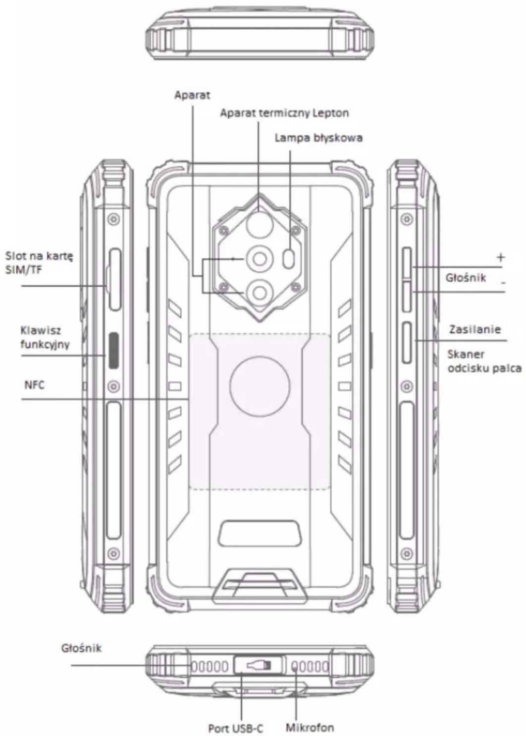 Aparat Aparat termiczny Lepton Lampa błyskowa Slot na kartę SIM/TF Klawisz funkcyjny NFC Głośnik Port USB-C Mikrofon + Głośnik Zasilanie Skaner odcisku palca