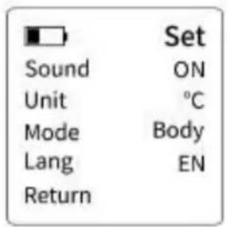 Set Sound ON Unit °C Mode Body Lang EN Return