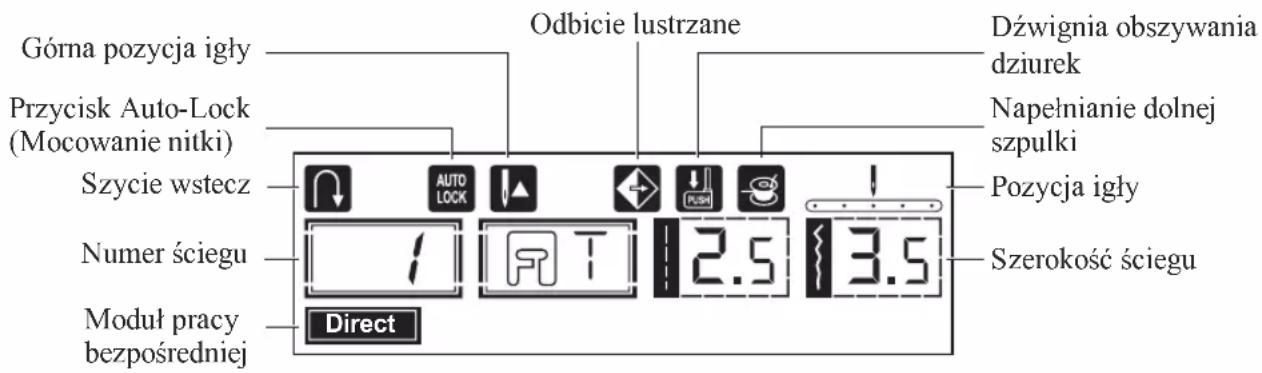 Górna pozycja igły Przycisk Auto-Lock (Mocowanie nitki) Szycie wstecz Numer ściegu Moduł pracy bezpieczeństnej Direct Odbicie lustrzane AUTO LOCK A T 2.5 3.5 Dźwignia obszywania dziurek Napełnianie dolnej szpulki Pozycja igły Szerokość ściegu