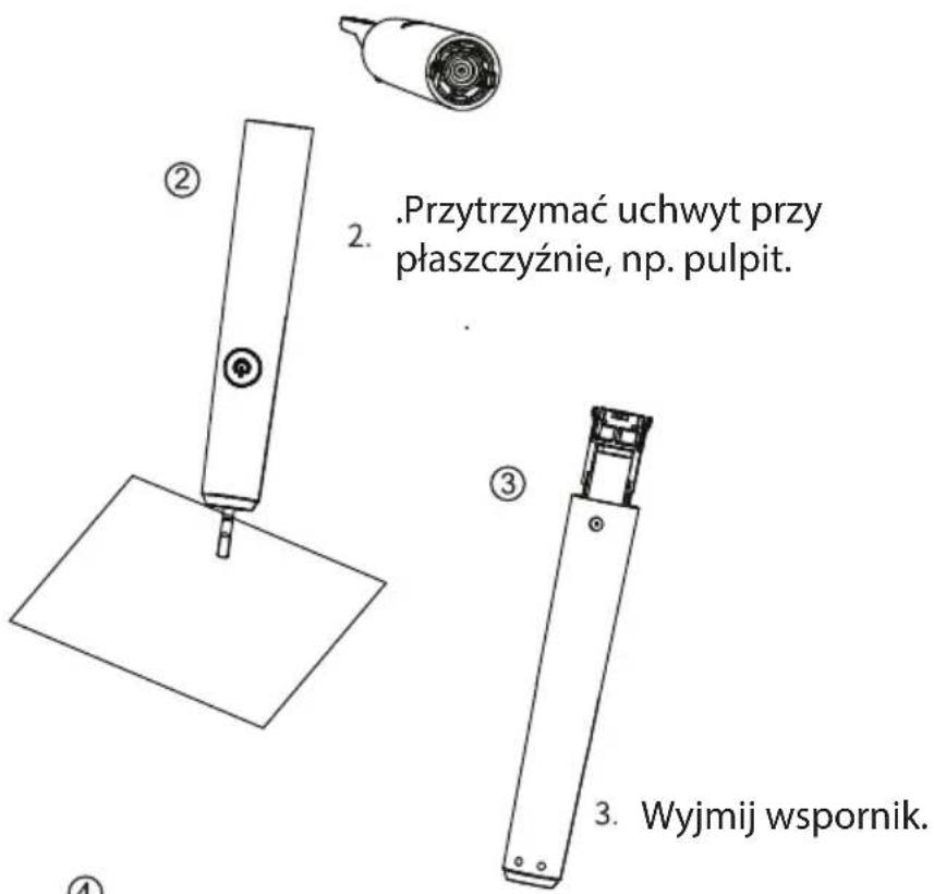 2. .Przytrzymać uchwyt przy płaszczyźnie, np. pulpit. 3. Wyjmij wspornik.