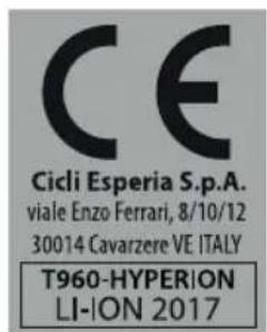 CE Cicli Esperia S.p.A. viale Enzo Ferrari, 8/10/12 30014 Cavarzere VE ITALY T960-HYPERION LI-ION 2017