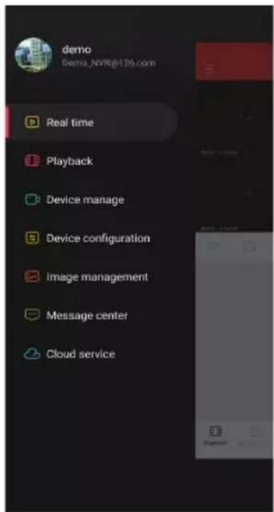 demo Demo_NVR@126.com Real time Playback Device manage Device configuration Image management Message center Cloud service