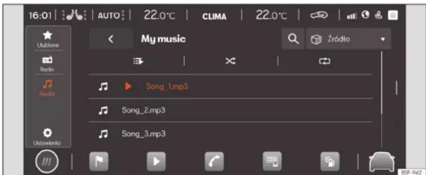 16:01 | AUTO | 22.0°C | CLIMA | 22.0°C | Uubione Radio Media Ustowienio My music Zródło Song_1.mp3 Song_2.mp3 Song_3.mp3 BEF-1412