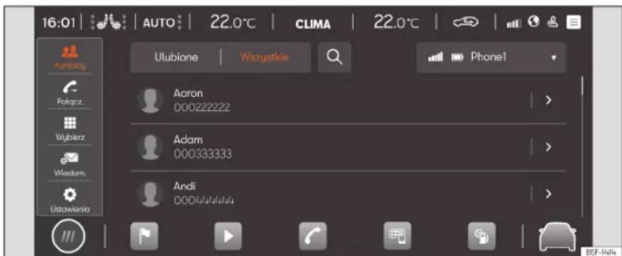 16:01 | AUTO | 22.0°C | CLIMA | 22.0°C | Kontakty Pokusz. Wybierz Wladom. Ustawienia Ulubione | Wszystkie Phone1 Aaron 000222222 Adam 000333333 Andi 0004444444 BEF-844