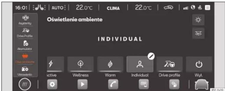 16:01 | AUTO | 22.0°C | CLIMA | 22.0°C | Oświetlenie ambiente INDIVIDUAL Autonomy Drive Profile Akumulator Ustowienia active Wellness Warm Individual Drive profile Wyt. B5F-14/09