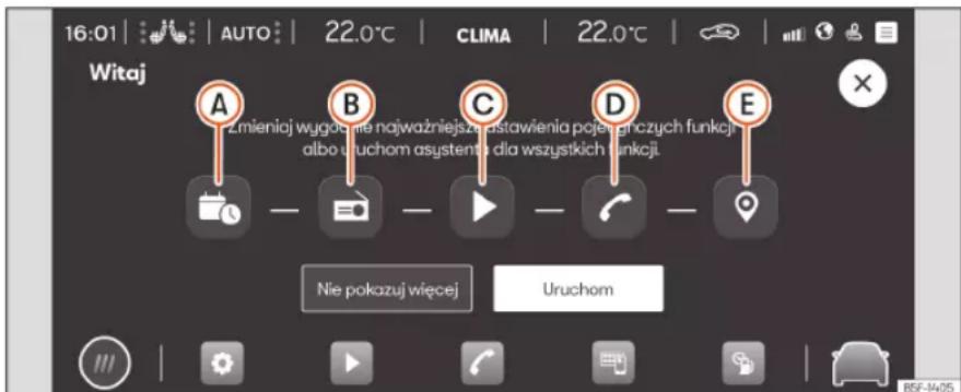 16:01 | AUTO | 22.0°C | CLIMA | 22.0°C | Witaj A Zmieniej wycola nie najwaźniejsza i pastawienia pojenir czych funkcji albo uruchom asystente dla wszystkich funkcji. B C D E Nie pokazuj więcej Uruchom B5F-14-05