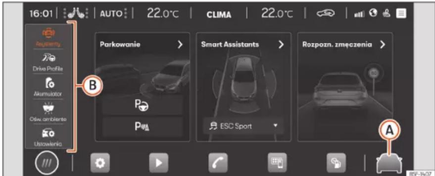 16:01 AUTO 22.0°C CLIMA 22.0°C Accessory Drive Profile Akumulator Ośw. ambiente Ustawienie Parkowanie > Smart Assistants > Rozpozn. zmeczenia > B P Pw ESC Sport A 85F-14/07
