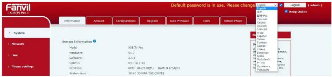 Fanvil X3S Pro - Zdjęcie 82 - Ustawienie języka telefonu - 1