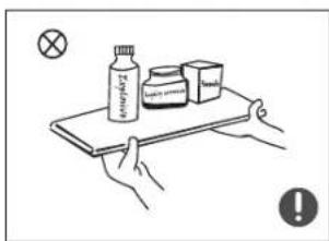 Illustration showing a hand holding a tray with labeled items including a bottle, boxes, and a cross symbol, alongside a warning icon.