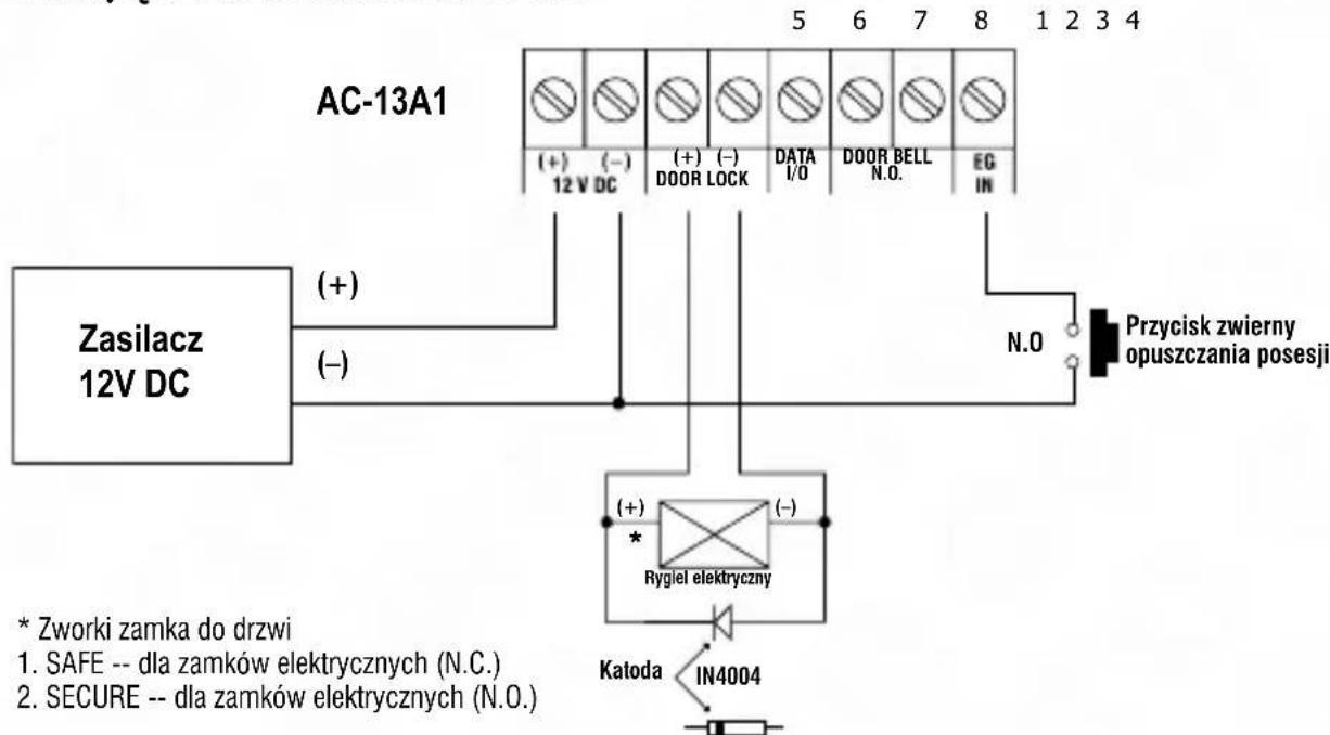 AC-13A1 (+) (-) (+) (-) DATA DOOR BELL EG 12 V DC DOOR LOCK I/O N.O. IN Zasilacz 12V DC (+) (-) N.O Przycisk zwierny opuszczania posesji Rygiel elektryczny * Zworki zamka do drzwi 1. SAFE -- dla zamków elektrycznych (N.C.) 2. SECURE -- dla zamków elektrycznych (N.O.) Katoda IN4004