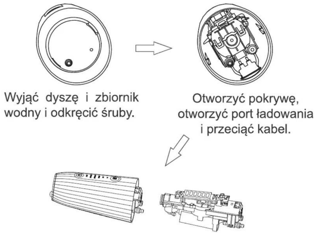 Wyjąć dyszę i zbiornik wodny i odkręcić śruby. Otworzyć pokrywę, otworzyć port ładowania i przeciąć kabel.