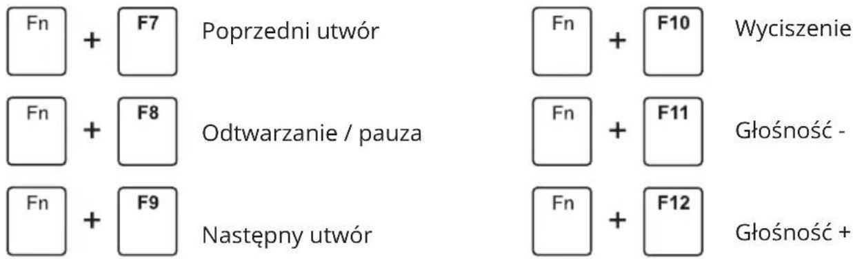 Fn + F7 Poprzedni utwór Fn + F10 Wyciszenie Fn + F8 Odtwarzanie / pauza Fn + F11 Głośność - Fn + F9 Następny utwór Fn + F12 Głośność +