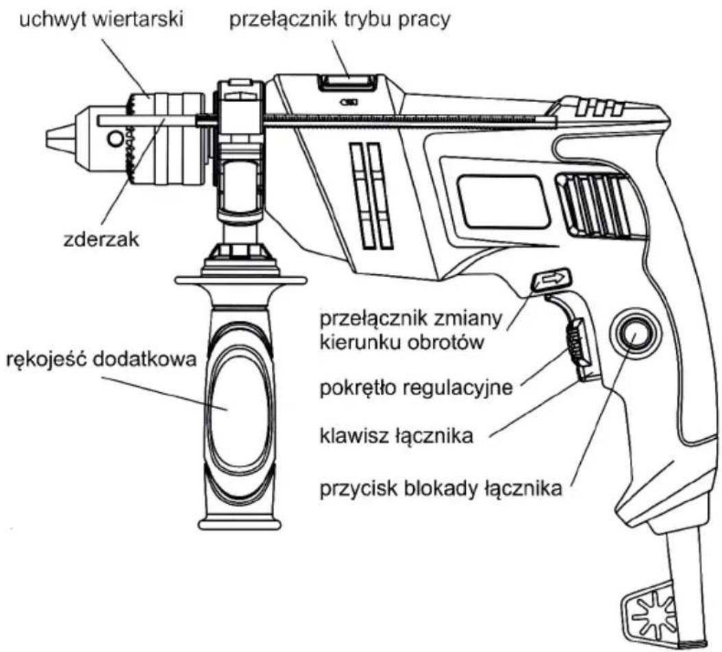 uchwyt wiertarski zderzak rekojeść dodatkowa przełącznik trybu pracy przełącznik zmiany kierunku obrotów pokrętło regulacyjne klawisz łącznika przycisk blokady łącznika