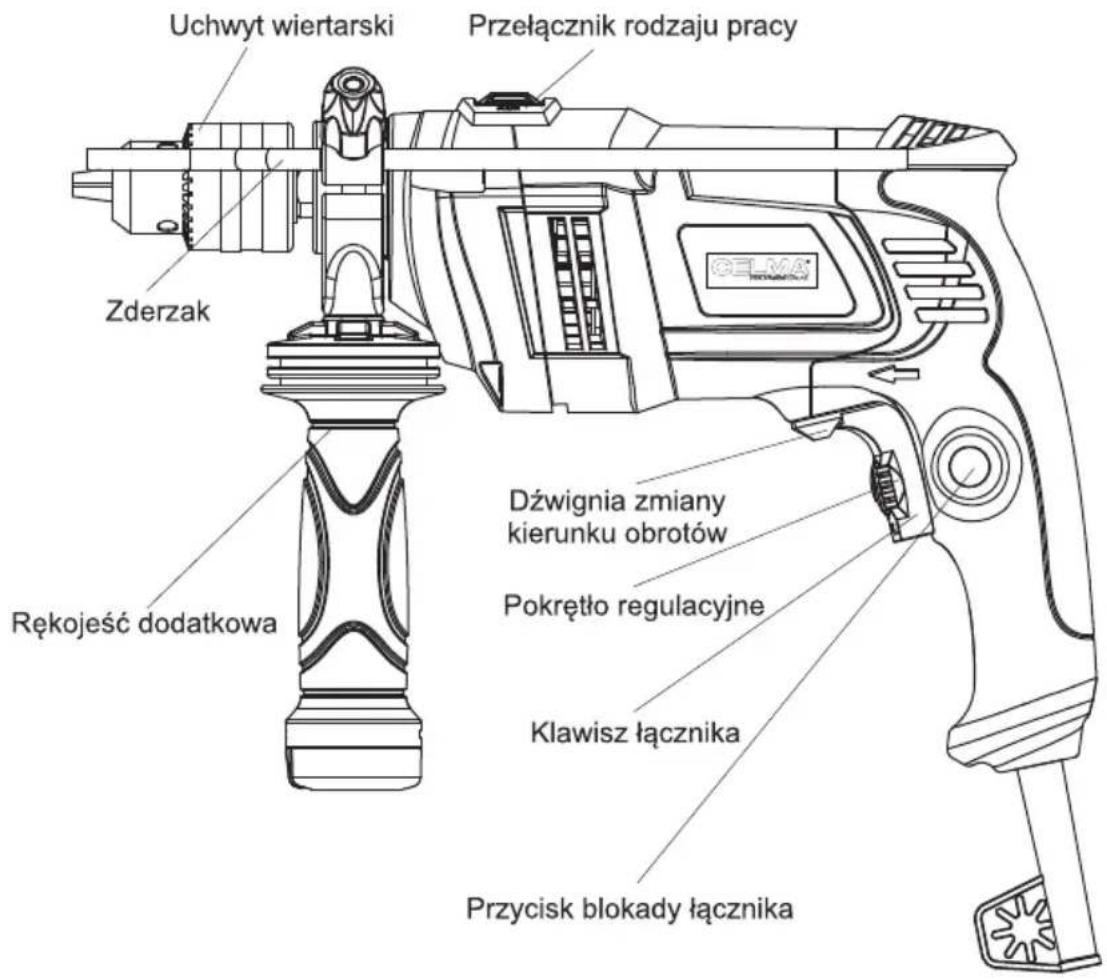Uchwyt wiertarski Przełącznik rodzaju pracy Zderzak Dźwignia zmiany kierunku obrotów Pokrętło regulacyjne Rękojeść dodatkowa Klawisz łącznika Przycisk blokady łącznika