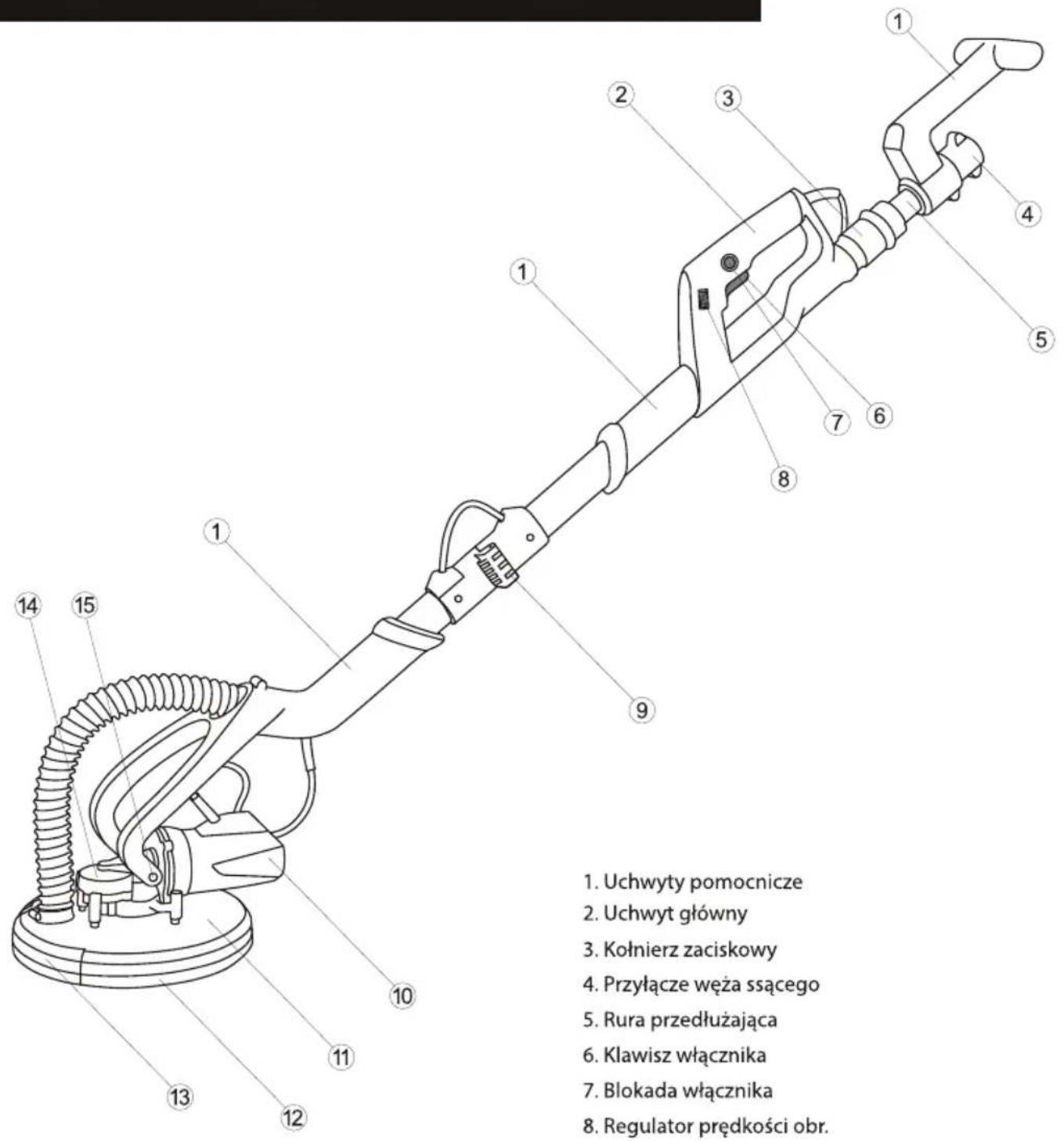 1. Uchwyty pomocnicze 2. Uchwyt główny 3. Kołnierz zaciskowy 4. Przyłącze węża ssącego 5. Rura przedłużająca 6. Klawisz włącznika 7. Blokada włącznika 8. Regulator prędkości obr.
