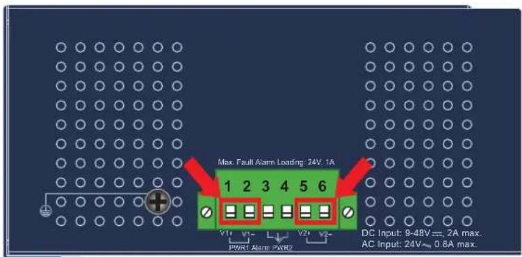 Max. Fault Alarm Loading: 24V, 1A 1 2 3 4 5 6 V1 V1- V2 V2- PWR1 Alarm: 2WR2 DC Input: 9-48V=, 2A max. AC Input: 24V=, 0.8A max.