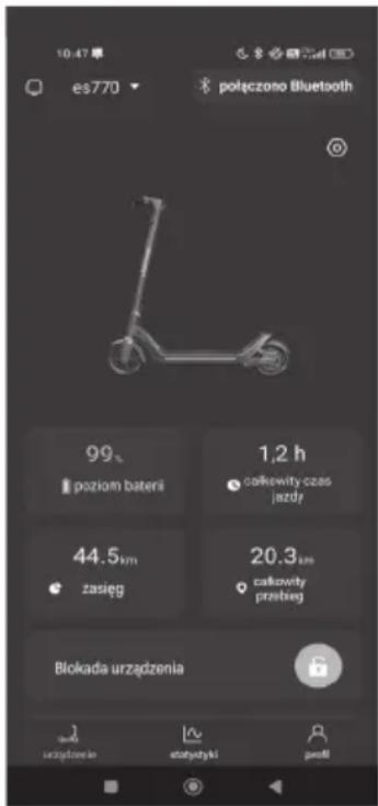 10:47 es770 polęczono Bluetooth 99 poziom bateri 1,2 h ośkowty czas jazdy 44.5 km zasięg 20.3 km caśkowty przebieg Blokada urządzenia urządzenie statystyki pindi