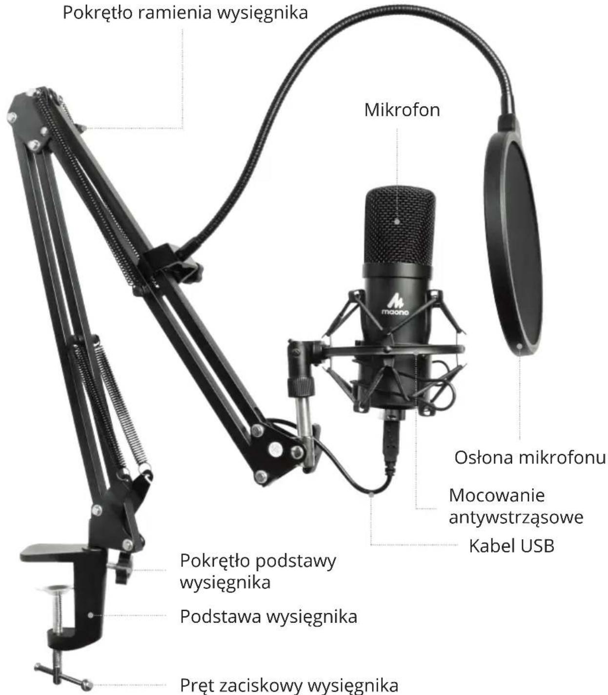 Pokrętło ramienia wysięgnika Mikrofon Ośłona mikrofonu Mocowanie antywstrząsowe Kabel USB Pokrętło podstawy wysięgnika Podstawa wysięgnika Pręt zaciskowy wysięgnika