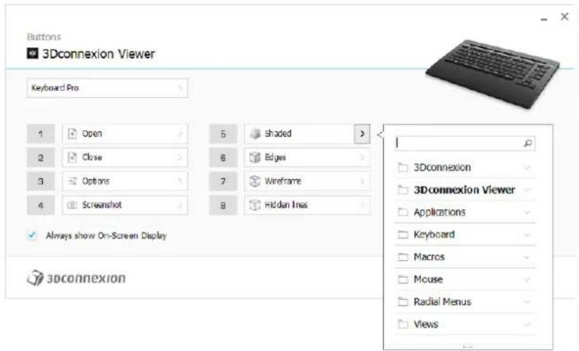 Buttons 3Dconnexion Viewer Keyboard Pro 1 Open 5 Shaded 2 Close 8 Edges 3 Options 7 Wireframe 4 Screenshot 8 Hidden Ines Always show On-Screen Display 3Dconnexion 3Dconnexion Viewer Applications Keyboard Macros Mouse Radial Menus Views