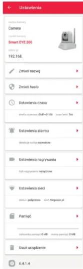 Ustawienia Camera Smart EYE 200 192.168. Zmien na zacu Zmien haso Ustawienia czasu Ustawia czansu: GAF-01-03 Ustawienia alarmu Ustawienia nagrywania Ustawienia sieci Parnieć Usuk uzrądzenie 6.4.1.4